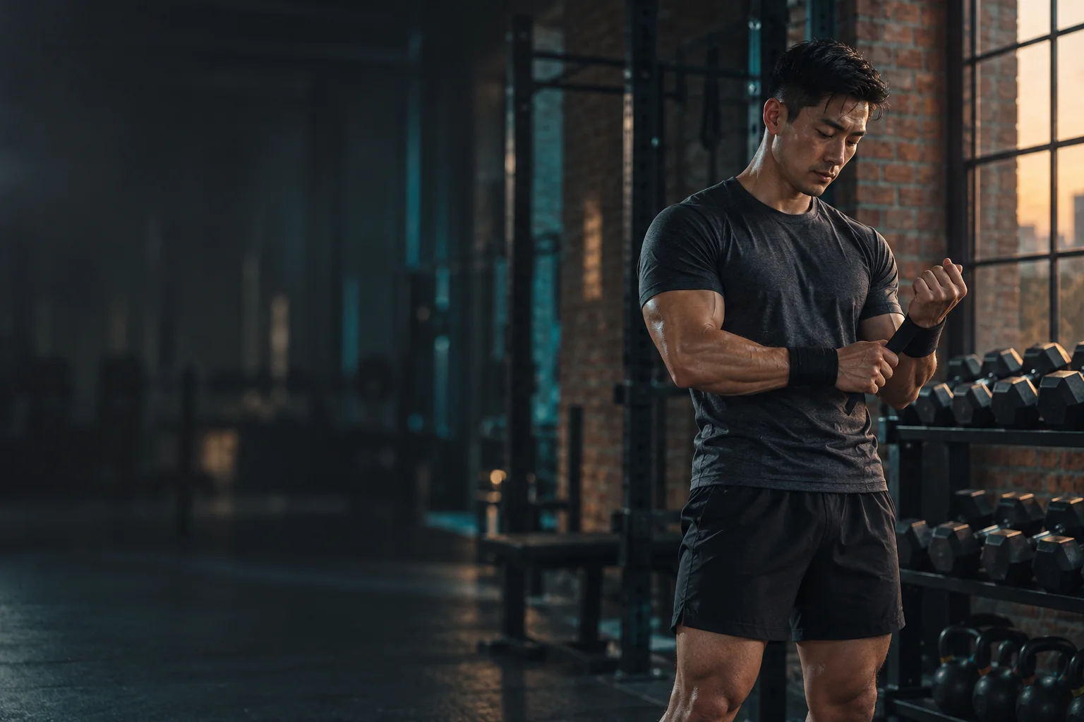 An athlete adjusting a wrist wrap after a strength session in a softly lit gym.
