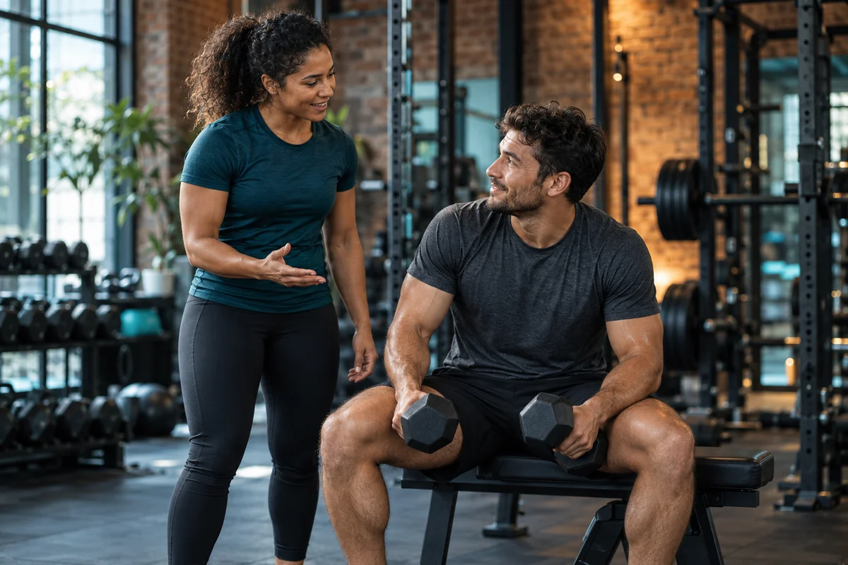 A strength coach talking with an athlete between dumbbell sets in a training studio.