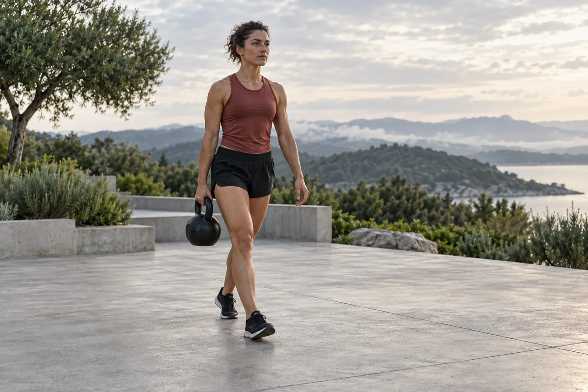 A woman carrying a kettlebell across an outdoor training terrace.