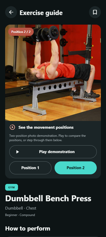 Actual Dumbbell Bench Press technique guide with the second movement position, demonstration controls and written instructions.