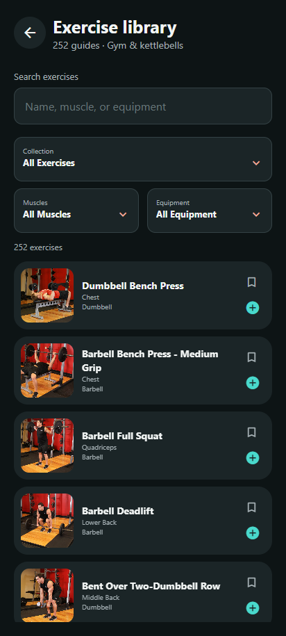 Actual app exercise library with search, collection, muscle and equipment filters and exercise thumbnails.