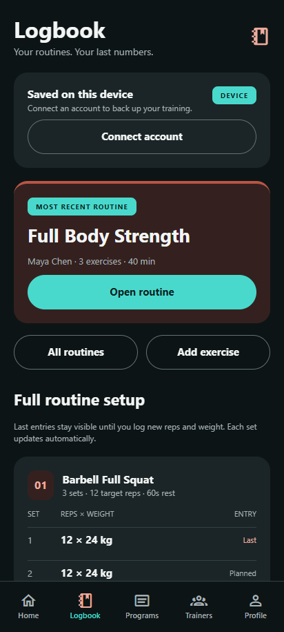 Actual Tilted Athletics Logbook with the most recent routine and a saved Barbell Full Squat set of 12 reps at 24 kilograms.