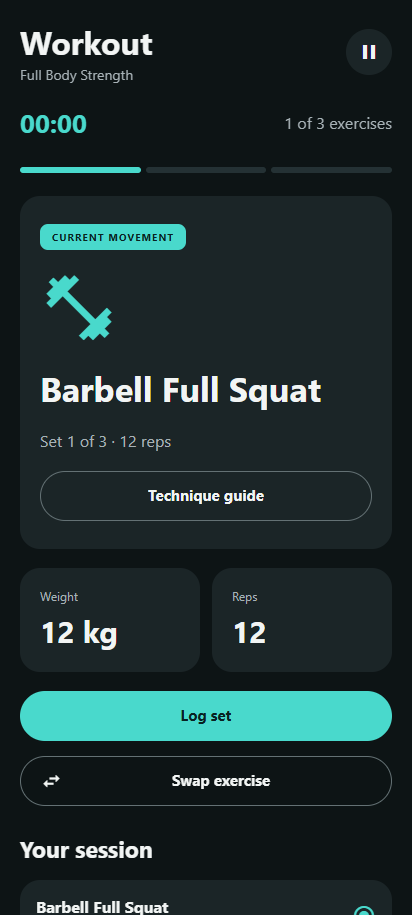 Actual app workout player with current movement, weight, reps, Log set, exercise swapping and the session list.