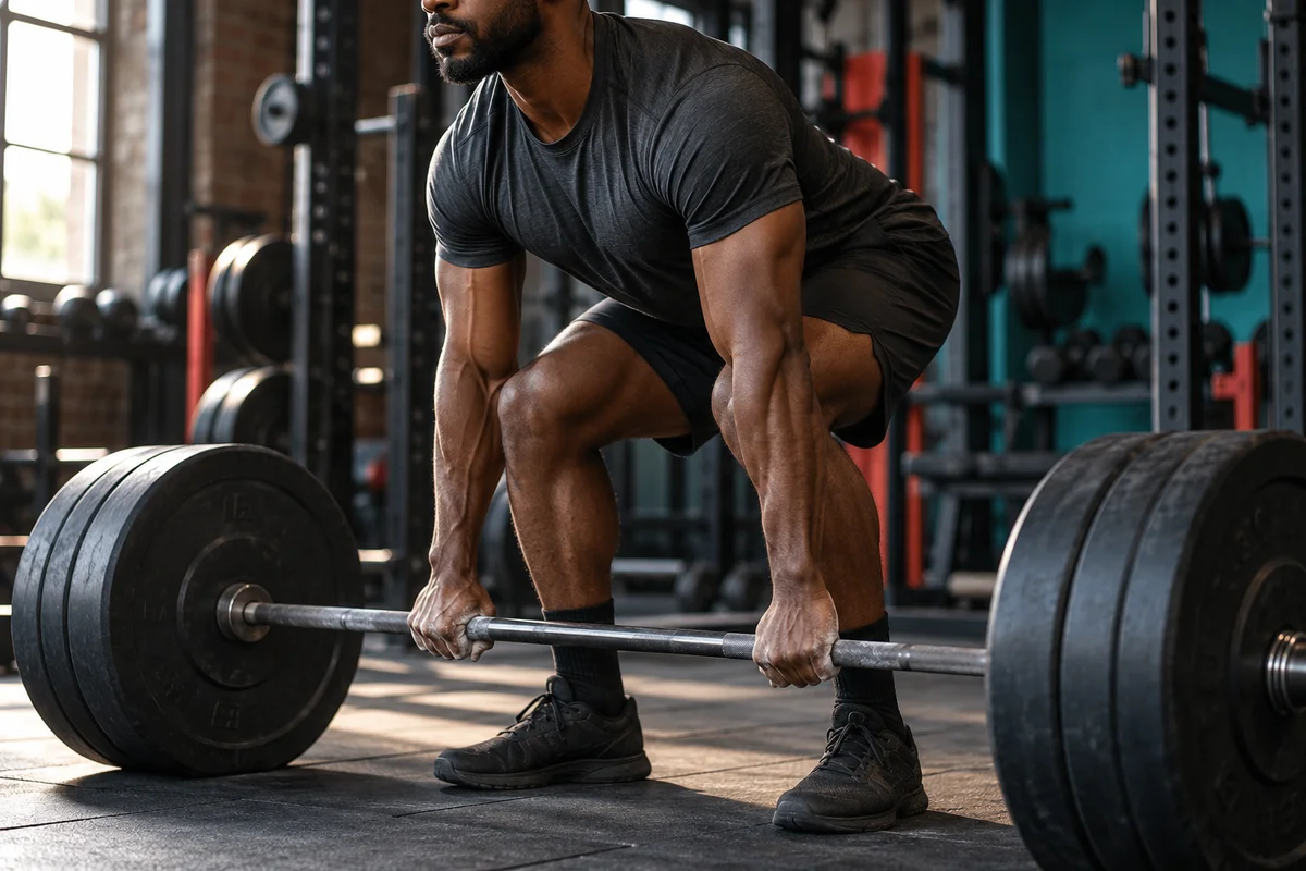 An athlete gripping a loaded barbell on a gym platform.
